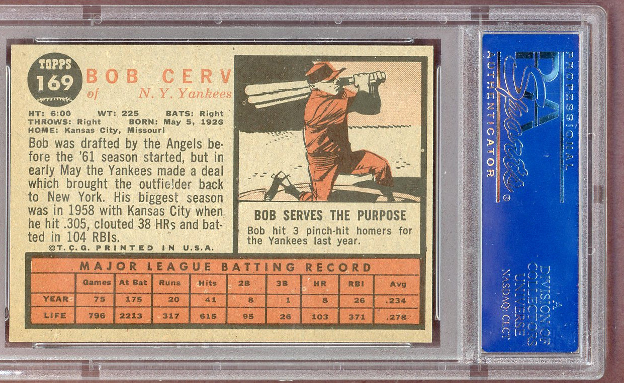 1962 Topps Baseball #169 Bob Cerv Yankees PSA 7 NM 561072