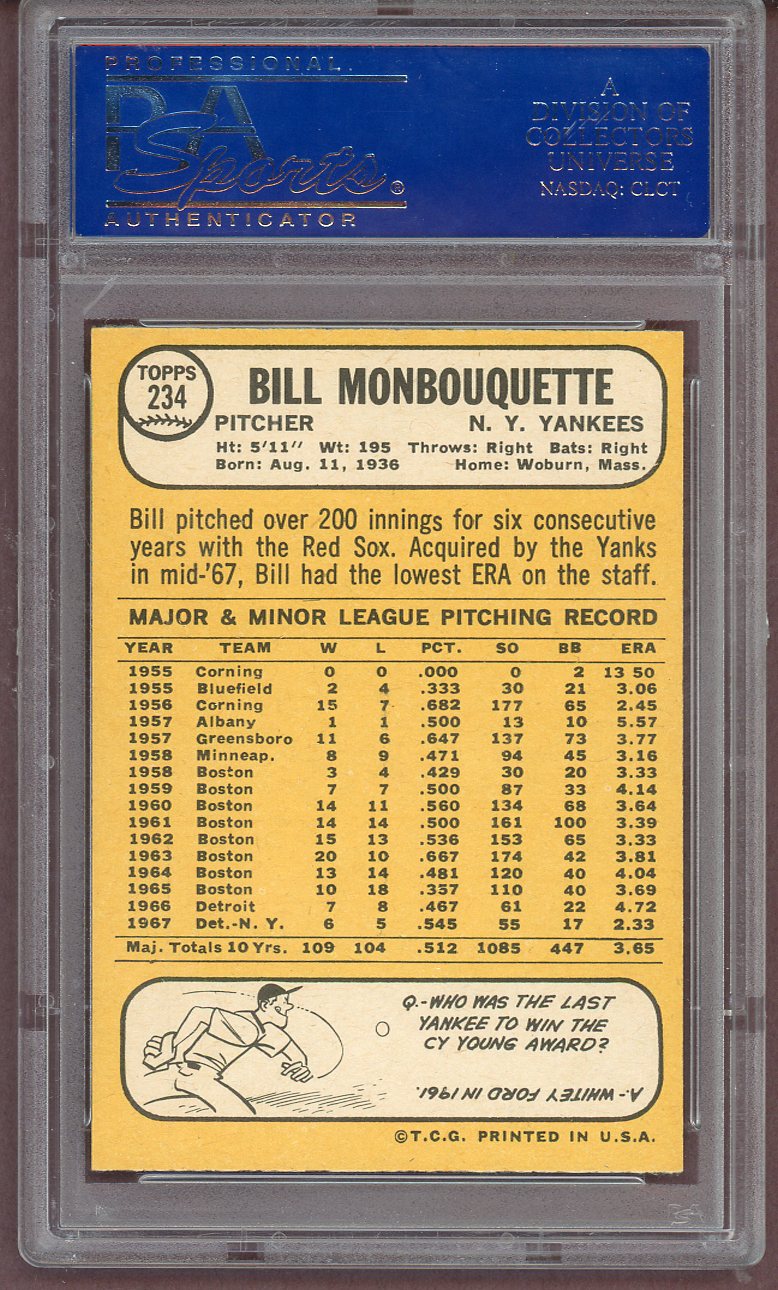 1968 Topps Baseball #234 Bill Monbouquette Yankees PSA 8 NM/MT 561074