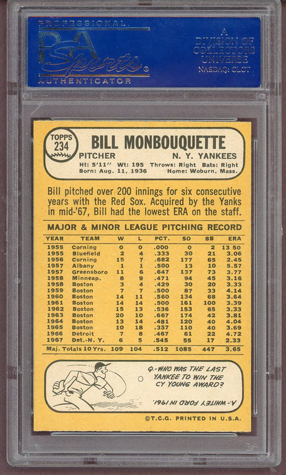 1968 Topps Baseball #234 Bill Monbouquette Yankees PSA 8 NM/MT 561074