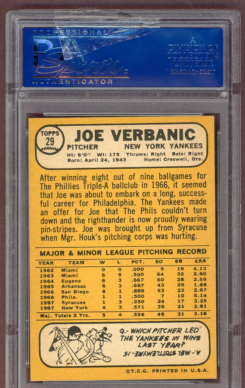 1968 Topps Baseball #029 Joe Verbanic Yankees PSA 6 EX-MT 561091
