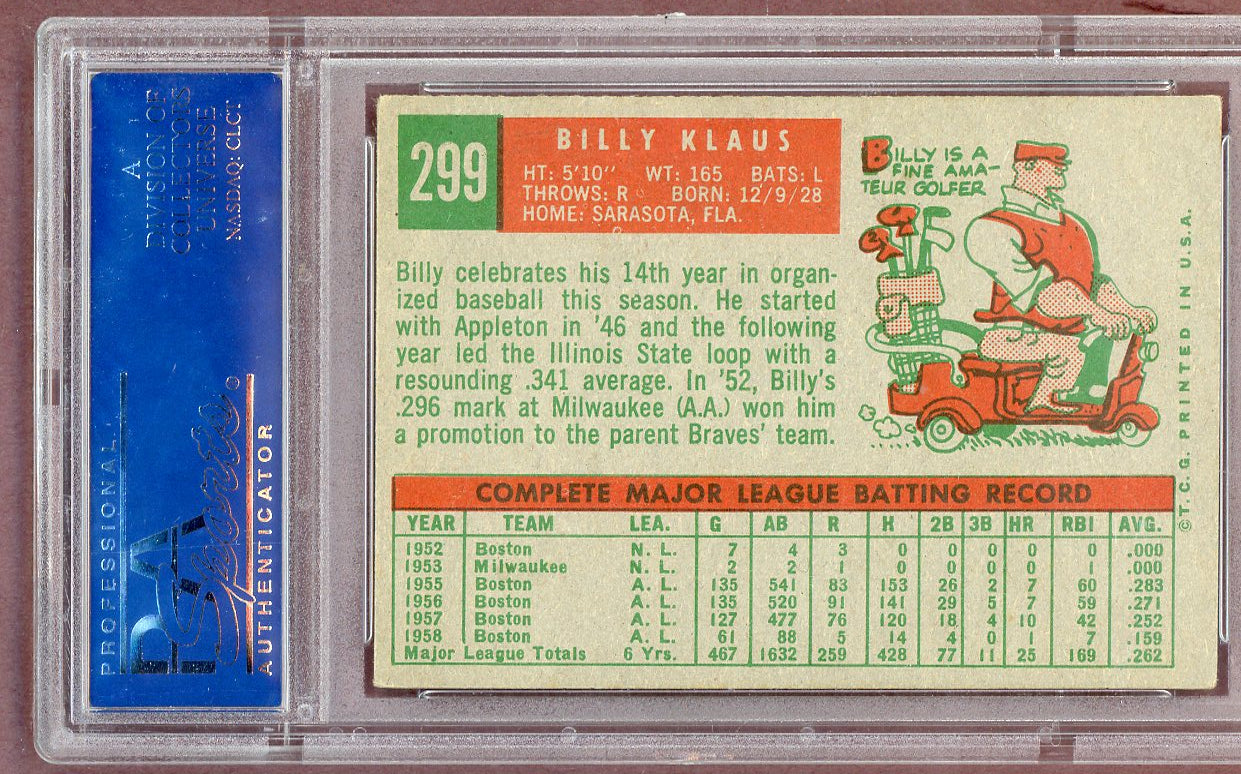 1959 Topps Baseball #299 Billy Klaus Orioles PSA 5 EX 561108