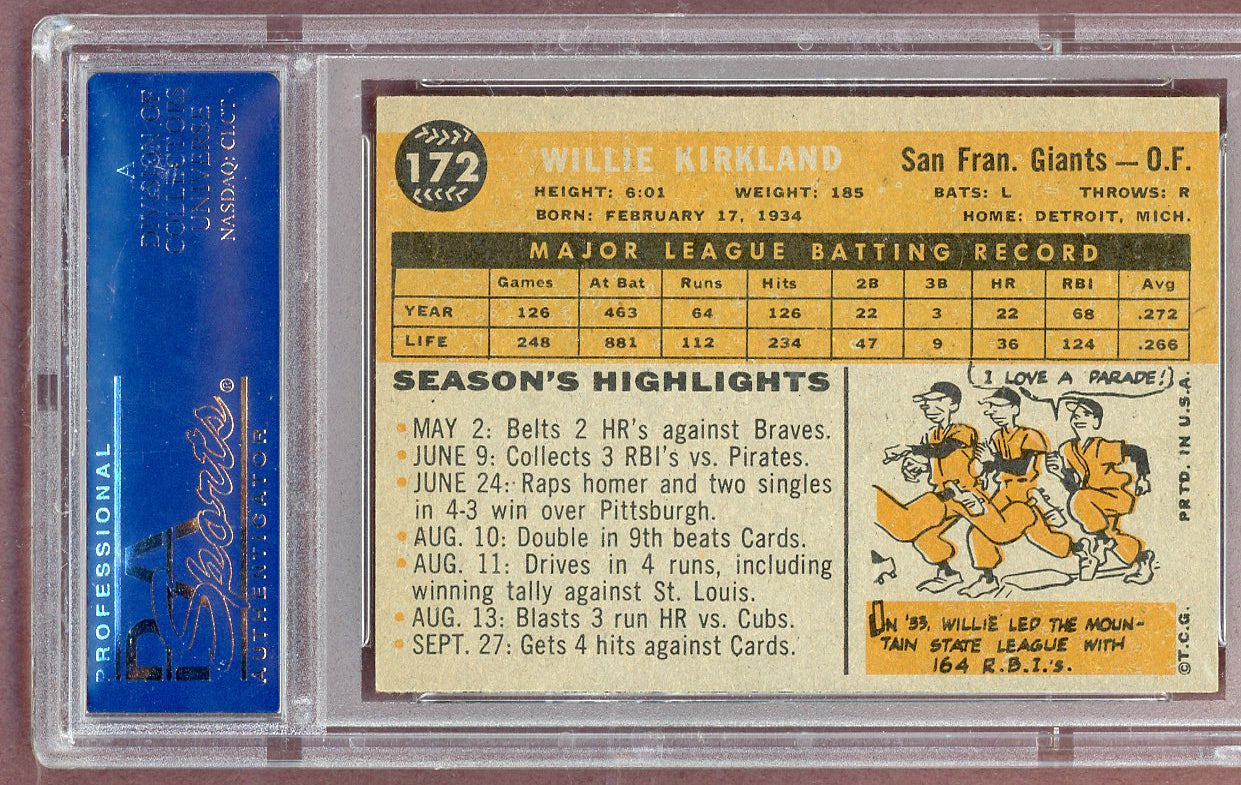 1960 Topps Baseball #172 Willie Kirkland Giants PSA 6 EX-MT 561139