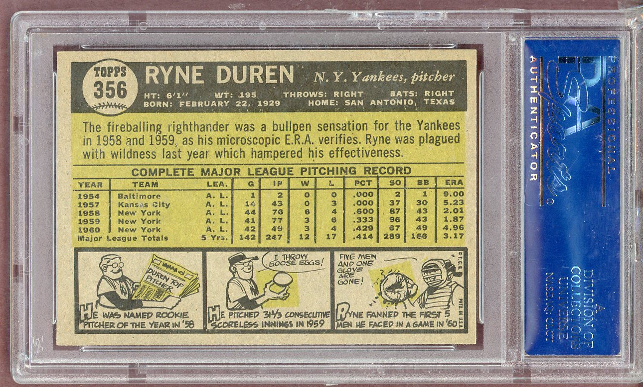 1961 Topps Baseball #356 Ryne Duren Yankees PSA 5 EX 561170