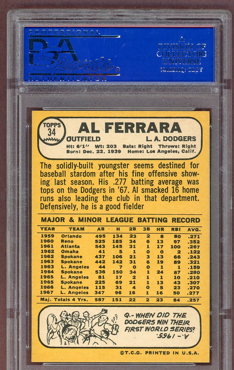 1968 Topps Baseball #034 Al Ferrara Dodgers PSA 8 NM/MT 561183