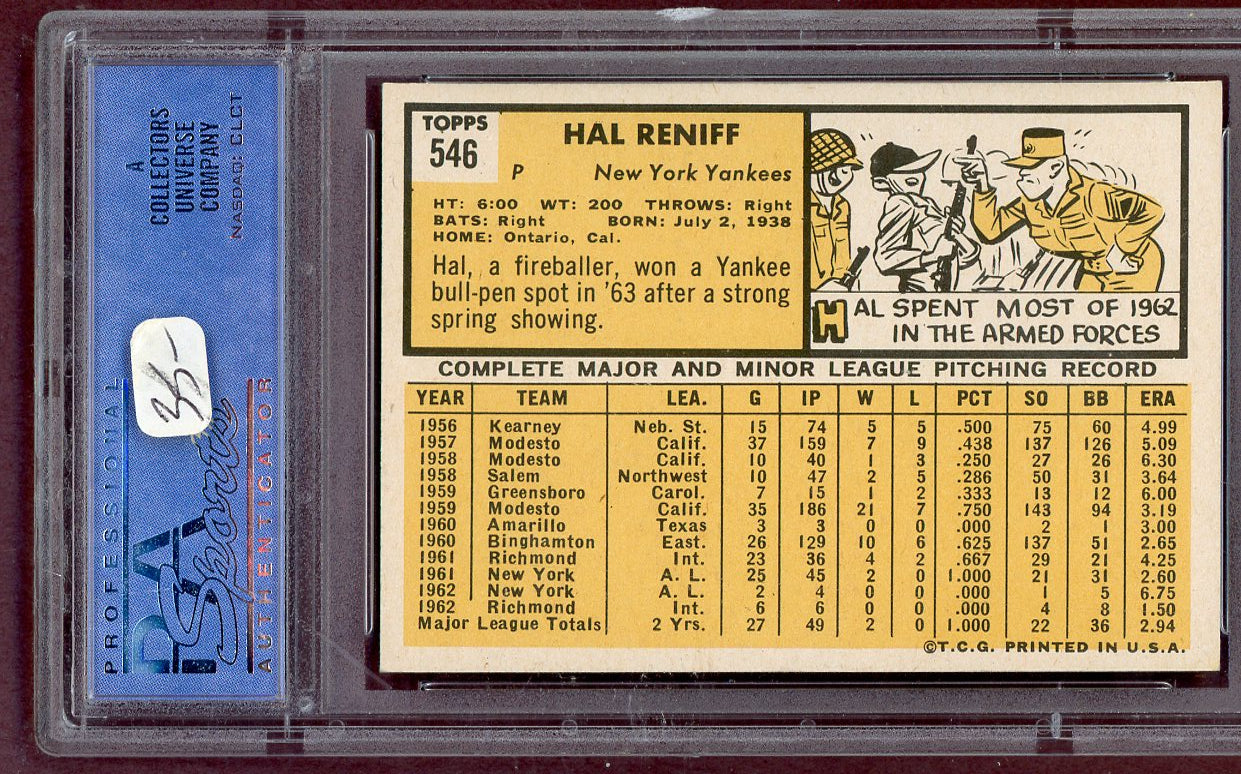 1963 Topps Baseball #546 Hal Reniff Yankees PSA 7 NM 561188