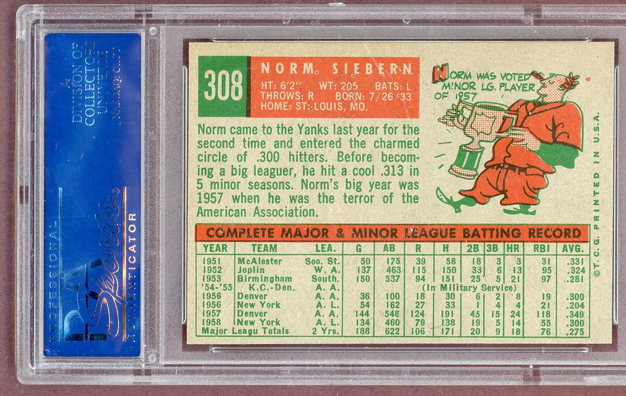 1959 Topps Baseball #308 Norm Siebern Yankees PSA 7 NM 561195