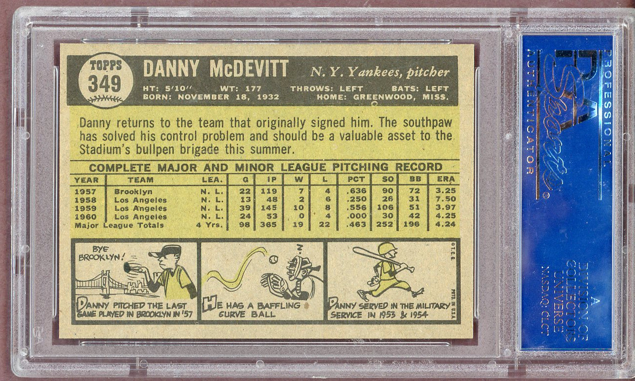 1961 Topps Baseball #349 Danny McDevitt Yankees PSA 8 NM/MT 561197