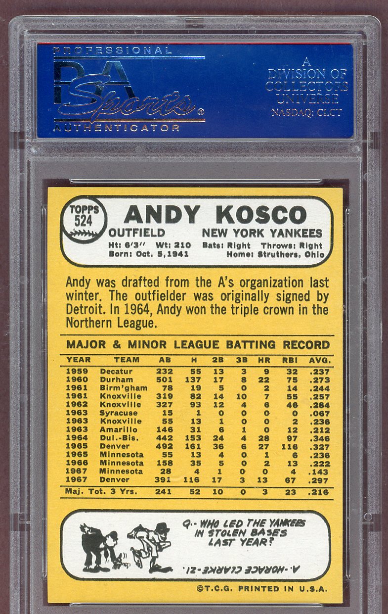 1968 Topps Baseball #524 Andy Kosco Yankees PSA 8.5 NM/MT+ 561203