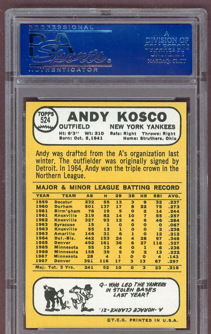 1968 Topps Baseball #524 Andy Kosco Yankees PSA 8.5 NM/MT+ 561203