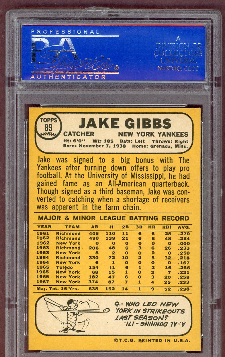 1968 Topps Baseball #089 Jake Gibbs Yankees PSA 8 NM/MT 561207