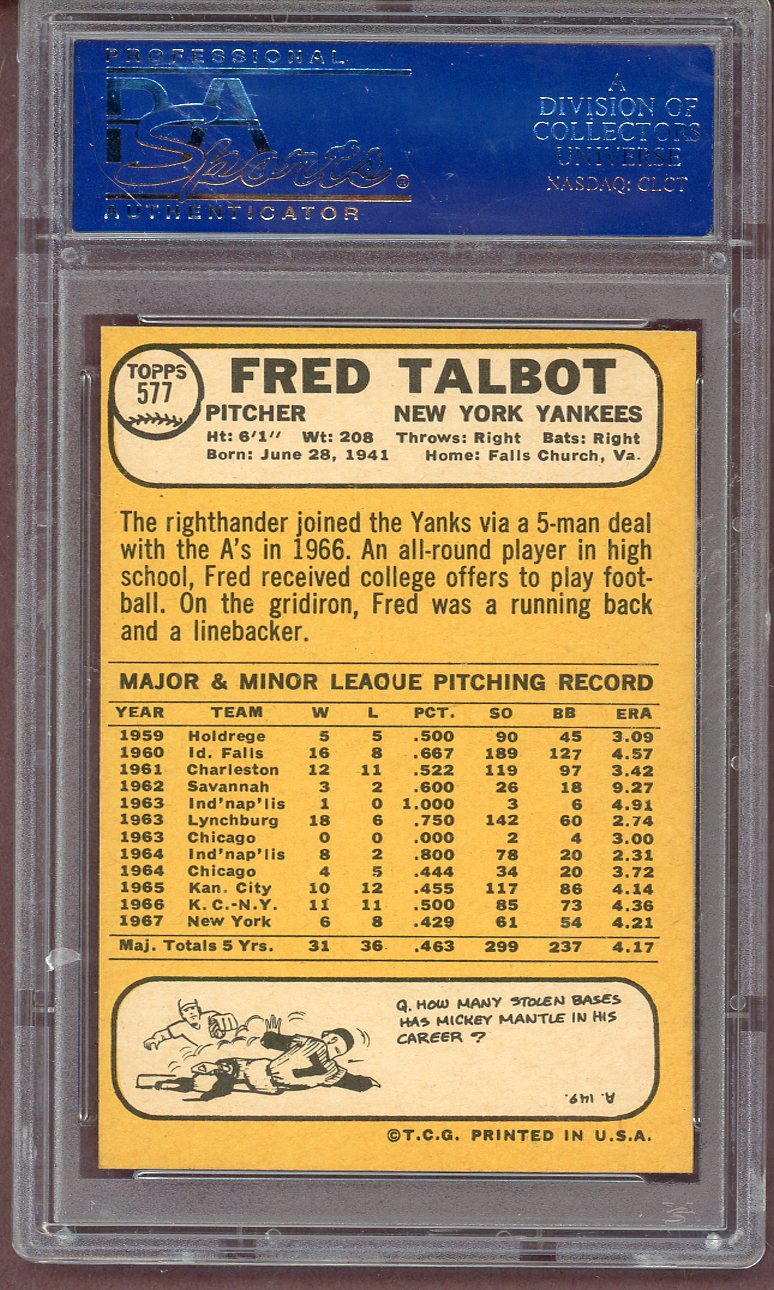 1968 Topps Baseball #577 Fred Talbot Yankees PSA 8 NM/MT 561221