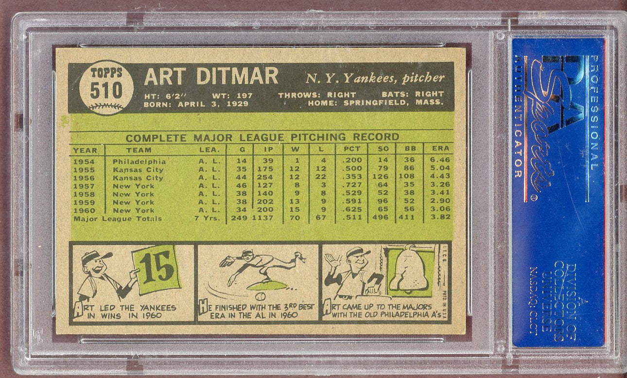1961 Topps Baseball #510 Art Ditmar Yankees PSA 7 NM 561230