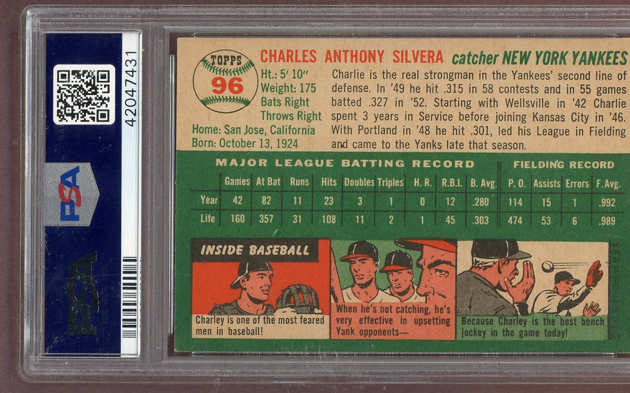 1954 Topps Baseball # 96 Charlie Silvera Yankees PSA 7 NM 561240