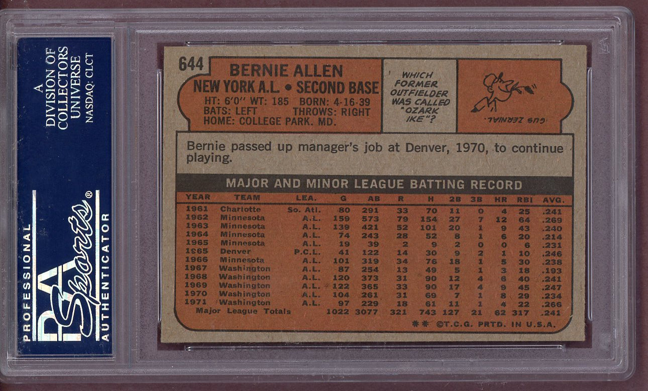 1972 Topps Baseball #644 Bernie Allen Yankees PSA 8 NM/MT 561254