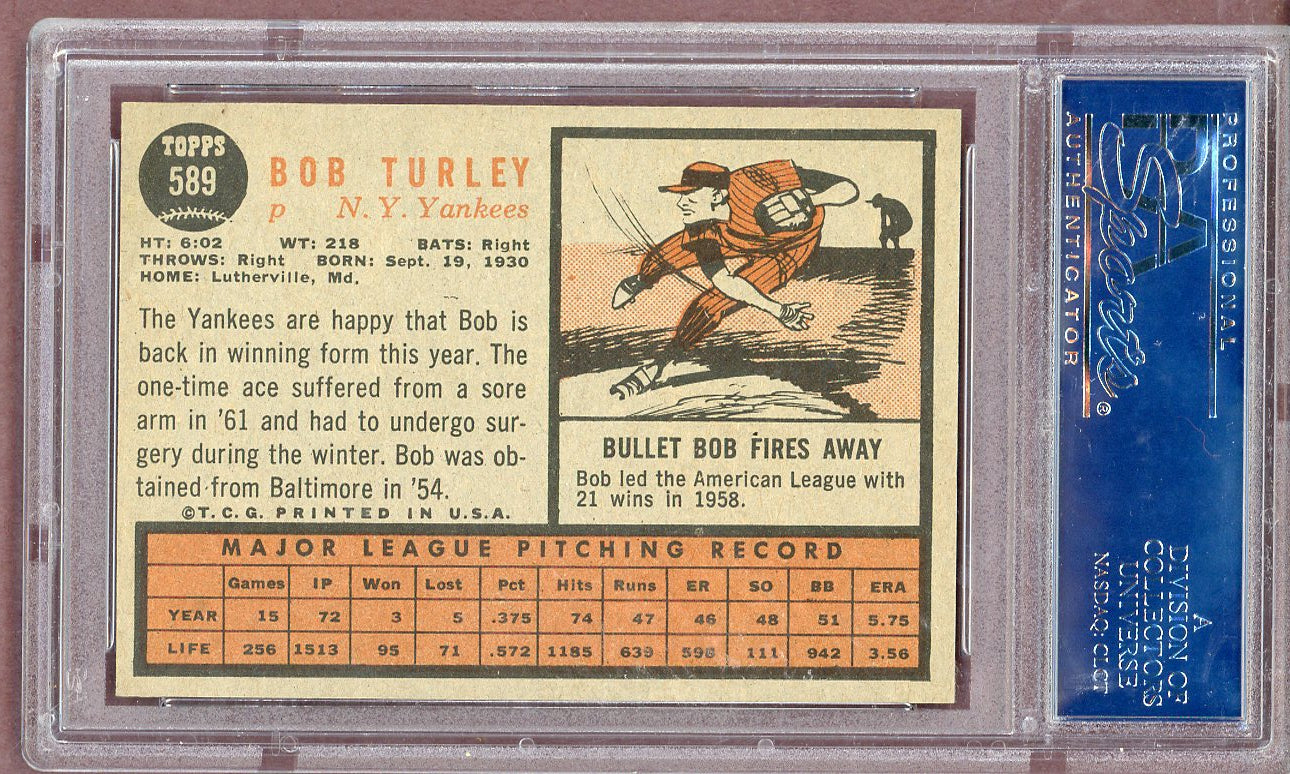 1962 Topps Baseball #589 Bob Turley Yankees PSA 8 NM/MT 561277