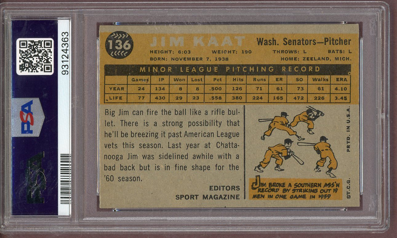 1960 Topps Baseball #136 Jim Kaat Senators PSA 7 NM 561281