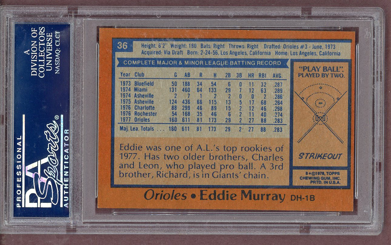 1978 Topps Baseball # 36 Eddie Murray Orioles PSA 8 NM/MT 561293