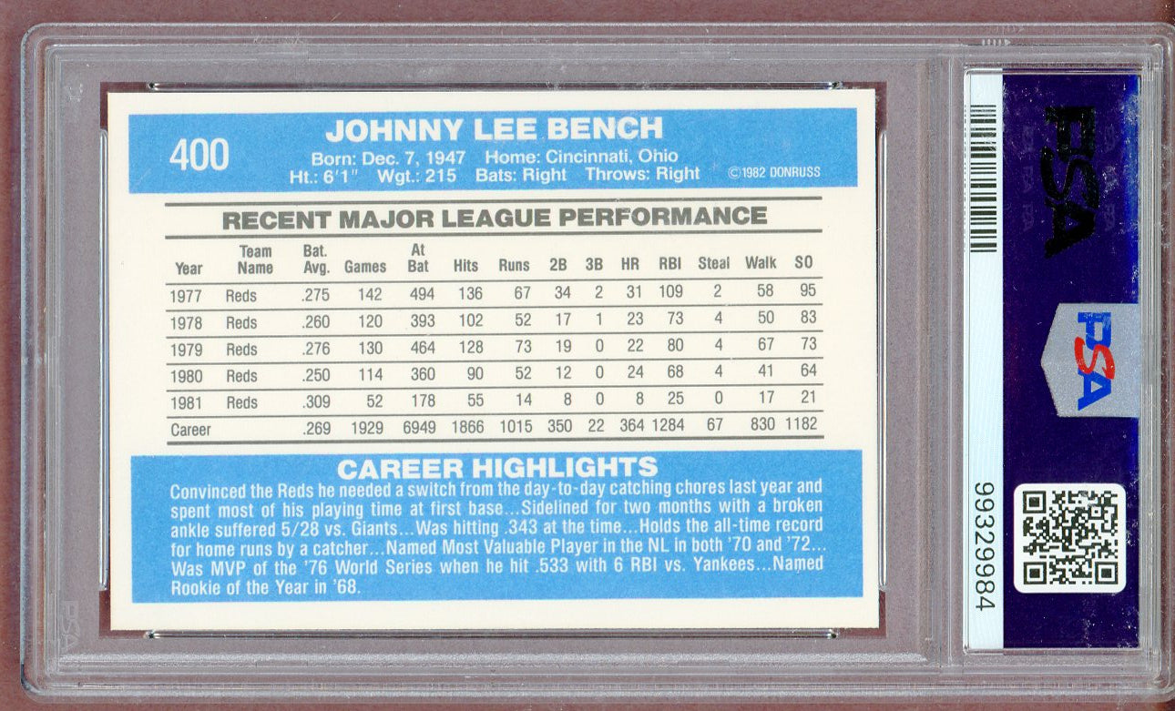 1982 Donruss #400 Johnny Bench Reds PSA 10 GEM MINT 561318