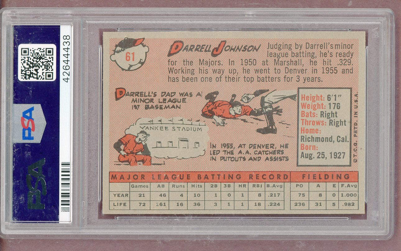 1958 Topps Baseball # 61 Darrell Johnson Yankees PSA 8 NM/MT 561342