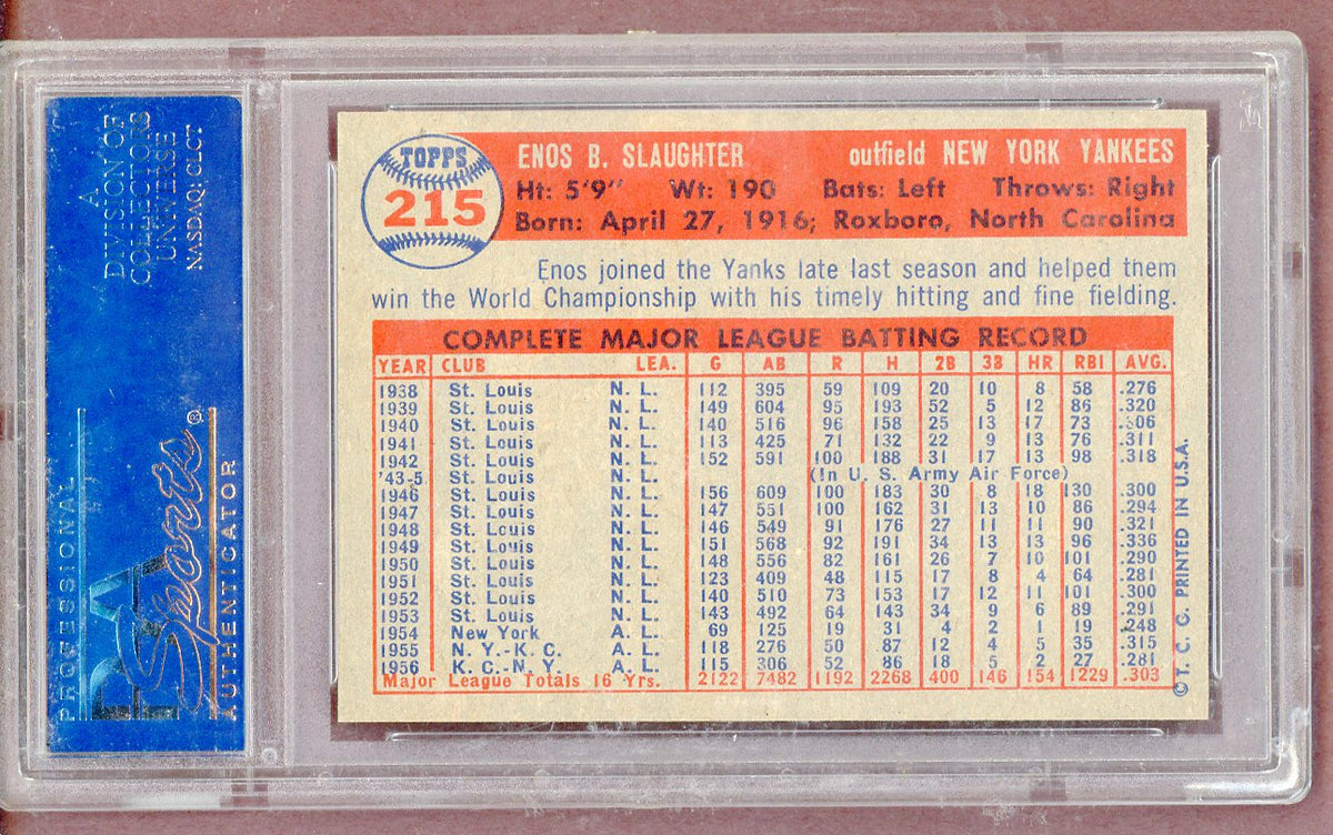 1957 Topps Baseball #215 Enos Slaughter Yankees PSA 8 NM/MT 561350