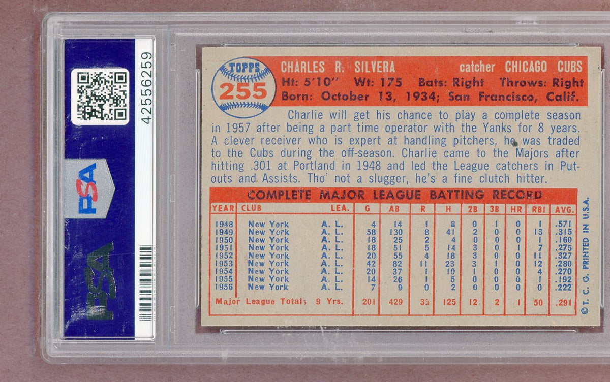 1957 Topps Baseball #255 Charlie Silvera Cubs PSA 8 NM/MT 561352