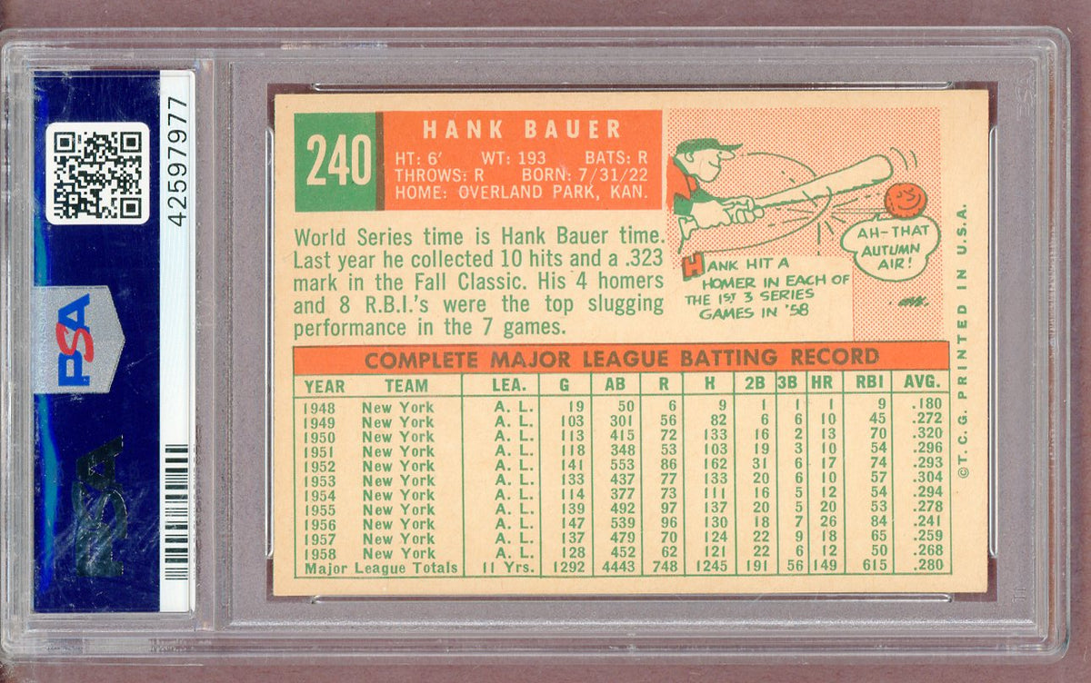 1959 Topps Baseball #240 Hank Bauer Yankees PSA 8 NM/MT 561365