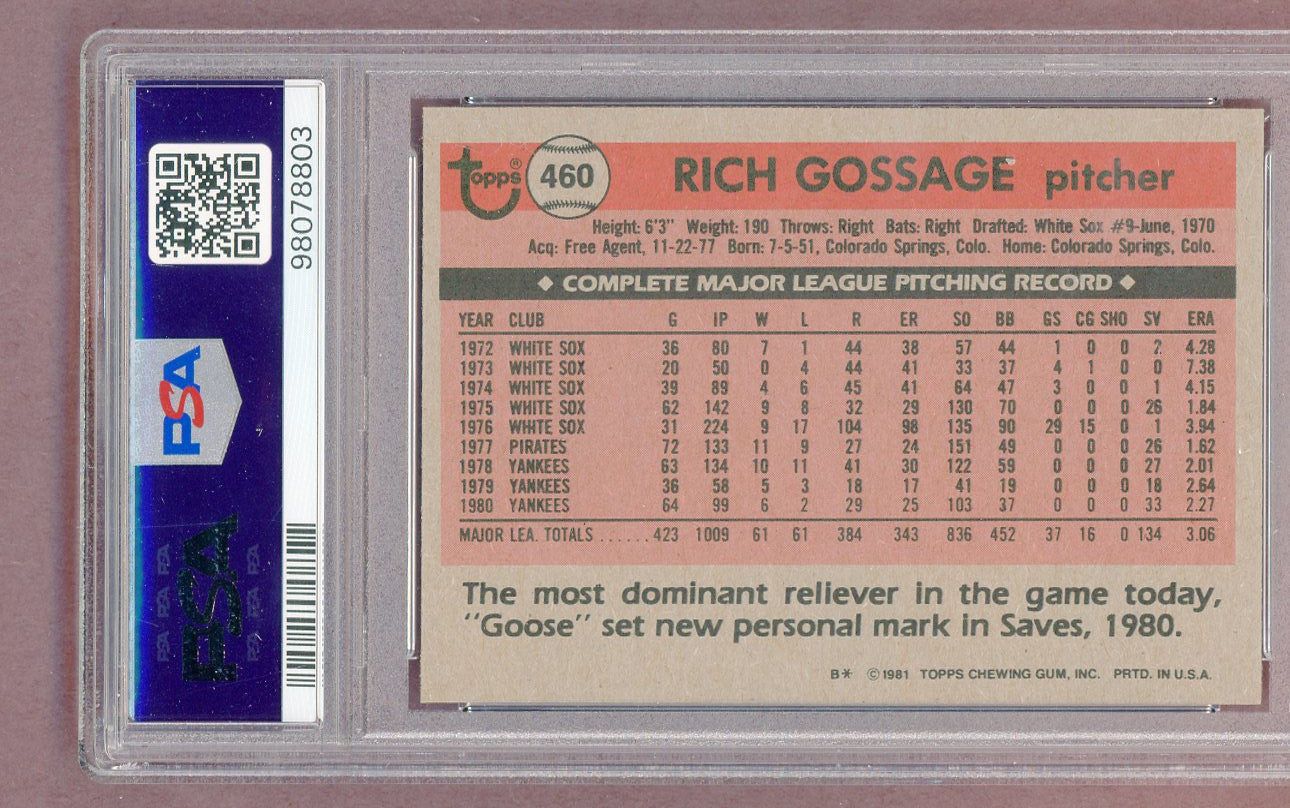 1981 Topps #460 Goose Gossage Yankees PSA 9 MINT 561379