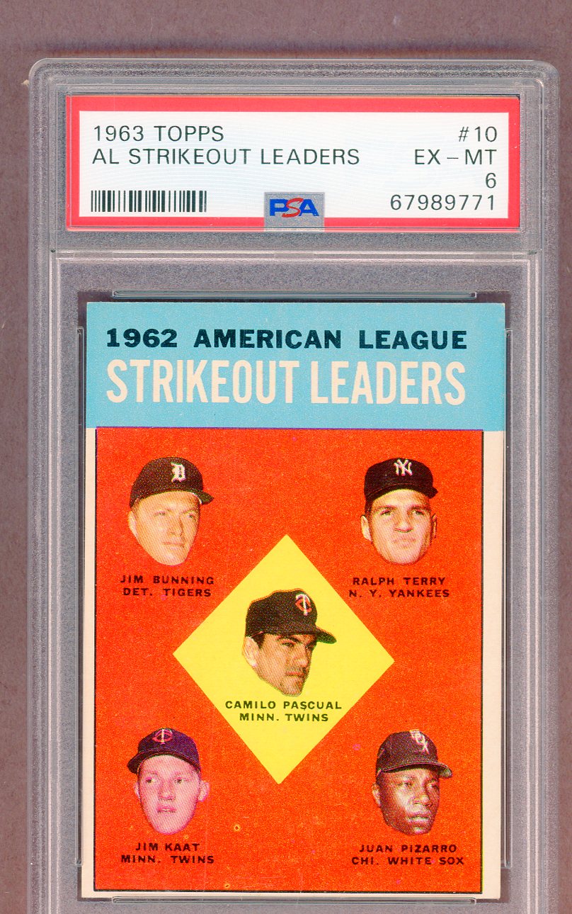 1963 Topps Baseball #010 A.L. Strike Out Leaders Jim Bunning PSA 6 EX-MT 561444
