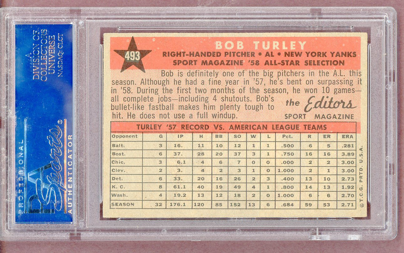1958 Topps Baseball #493 Bob Turley A.S. Yankees PSA 6 EX-MT 561450