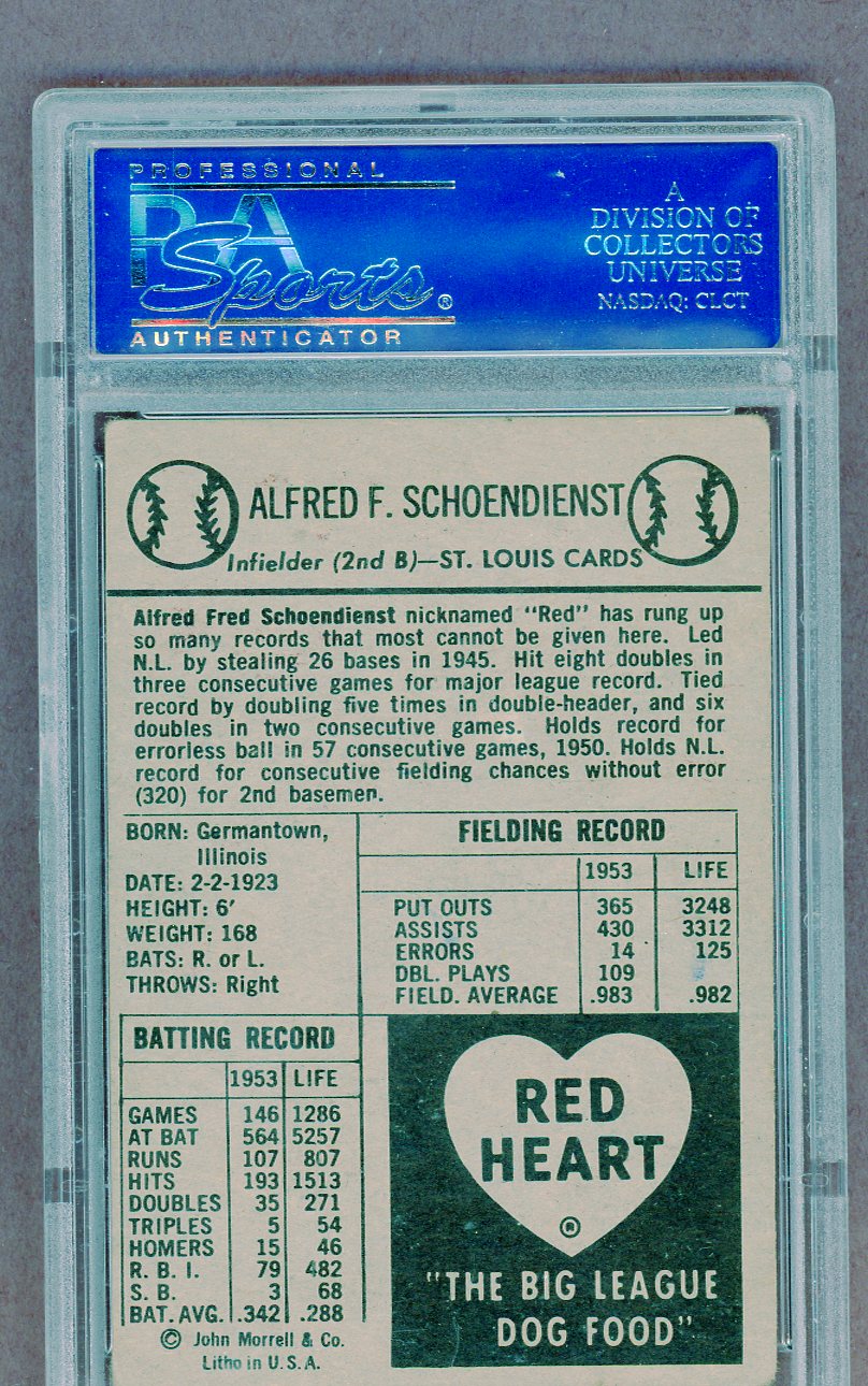 1954 Red Heart Red Schoendienst Cardinals PSA 3 VG 561476