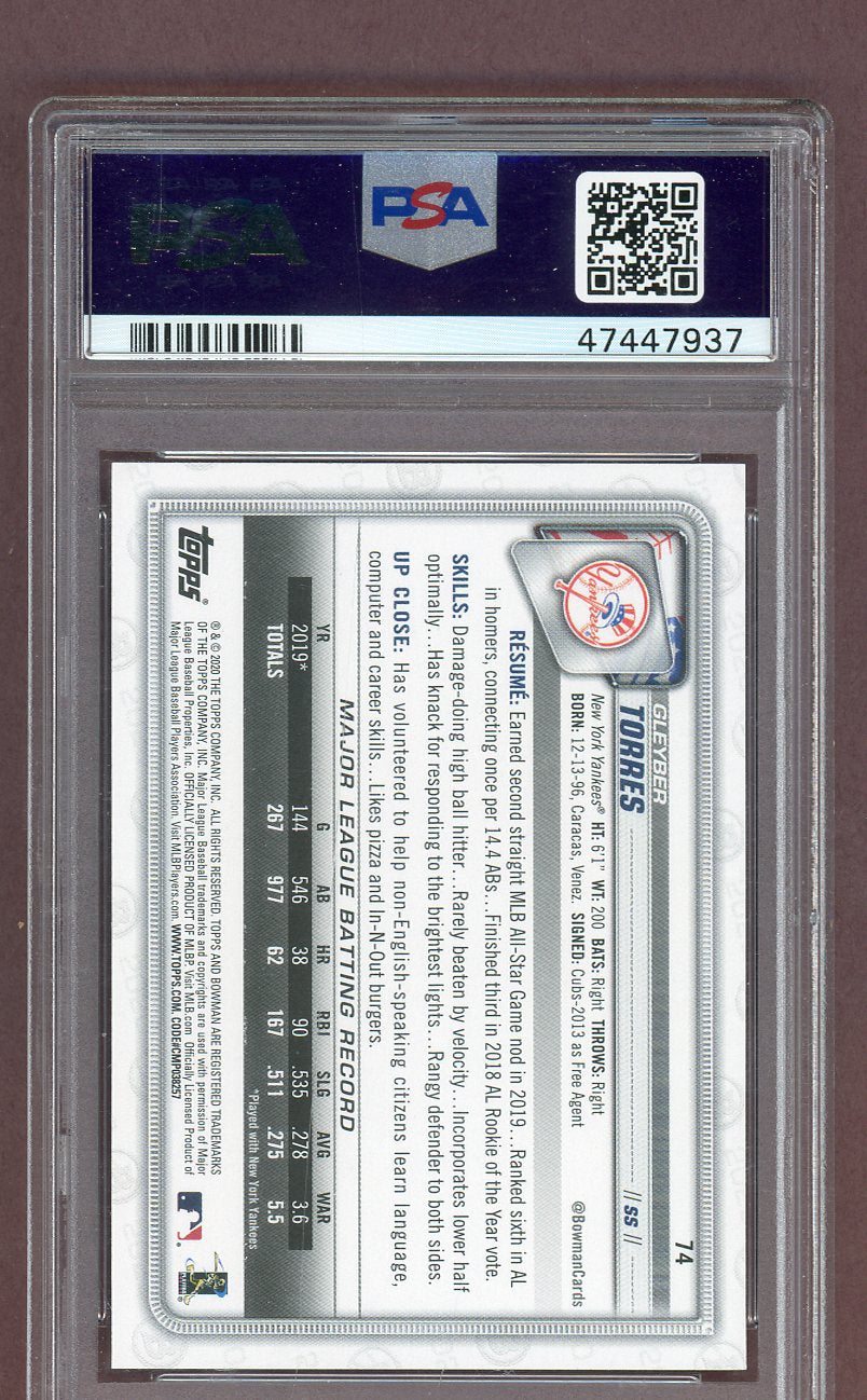 2020 Bowman #074 Gleyber Torres Yankees PSA 10 GEM MINT 561520