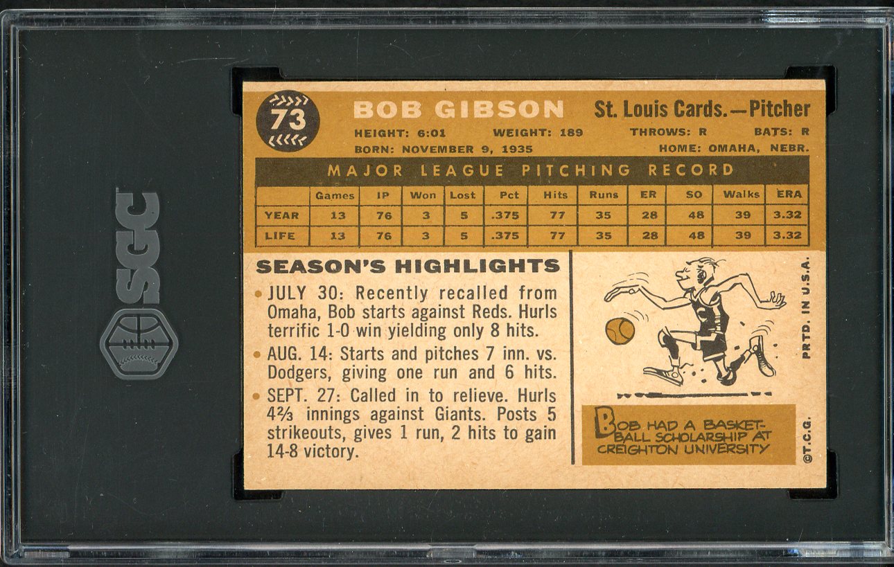 1960 Topps Baseball #073 Bob Gibson Cardinals SGC 6 EX-MT 561559