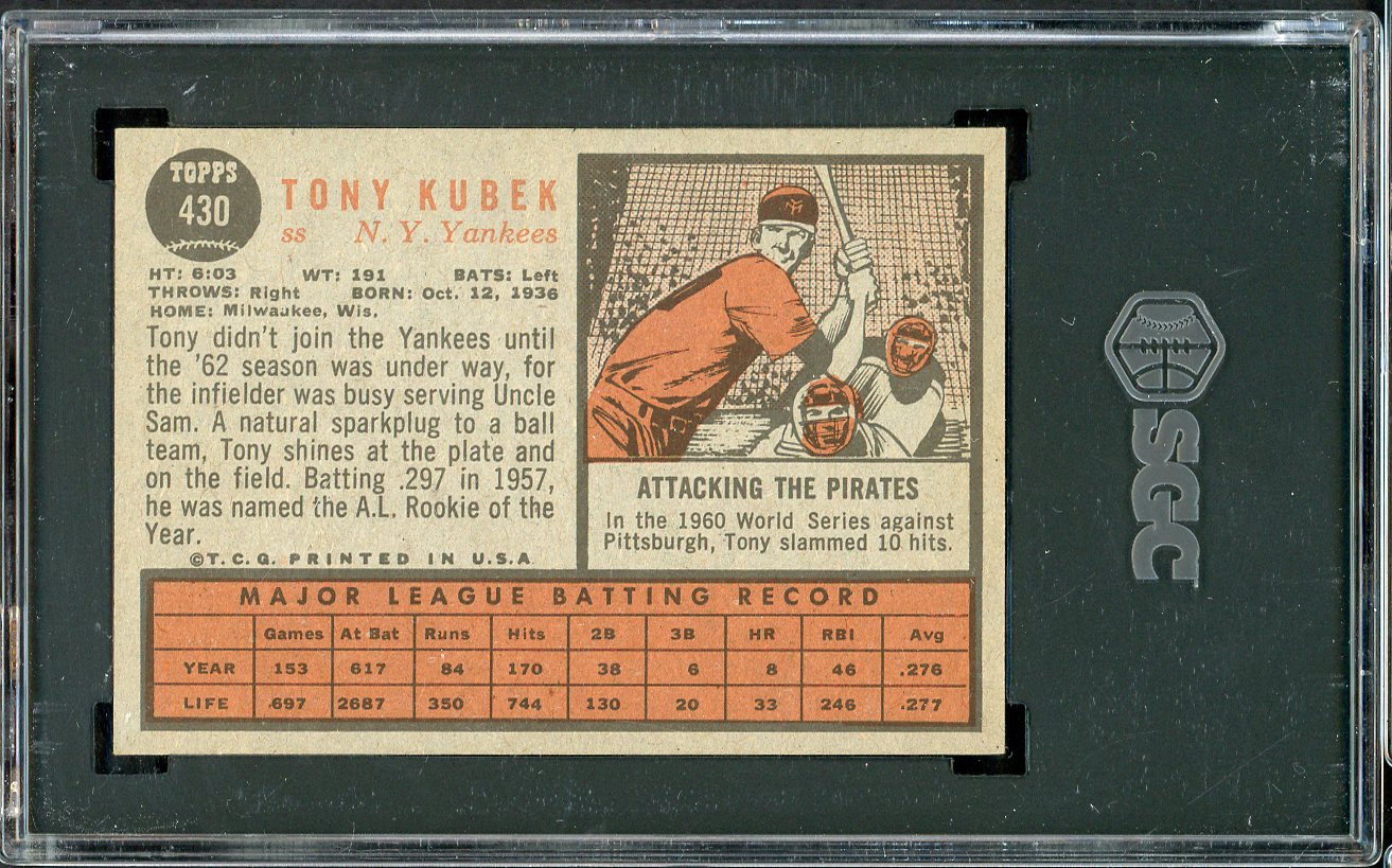 1962 Topps Baseball #430 Tony Kubek Yankees SGC 6 EX-MT 561576
