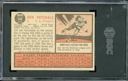 1962 Topps Baseball #340 Don Drysdale Dodgers SGC 7 NM 561578