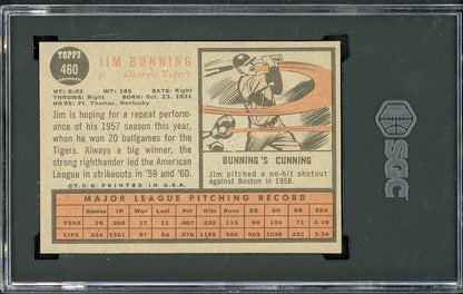 1962 Topps Baseball #460 Jim Bunning Tigers SGC 7 NM 561599