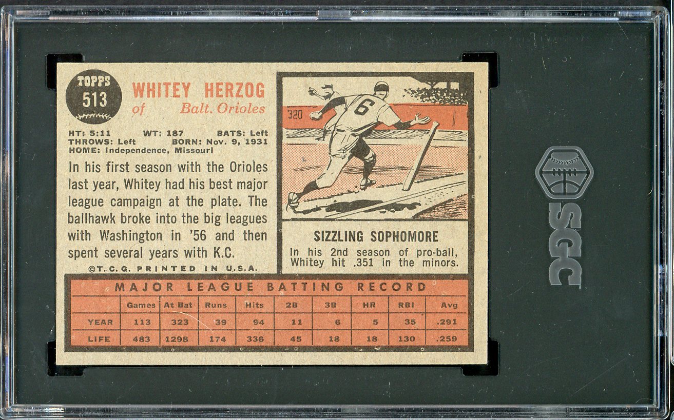 1962 Topps Baseball #513 Whitey Herzog Orioles SGC 7 NM 561600