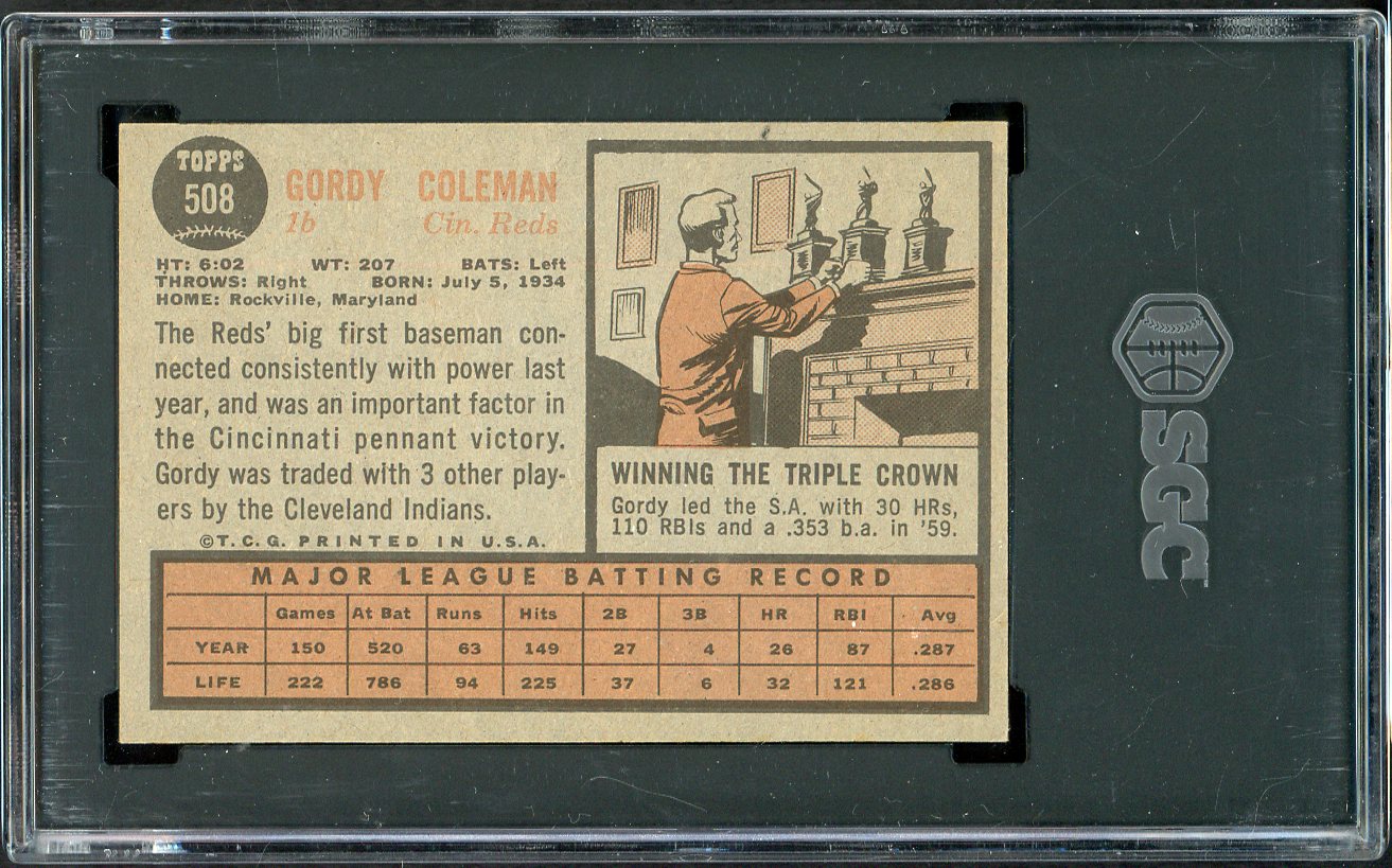 1962 Topps Baseball #508 Gordy Coleman Reds SGC 6 EX-MT 561601