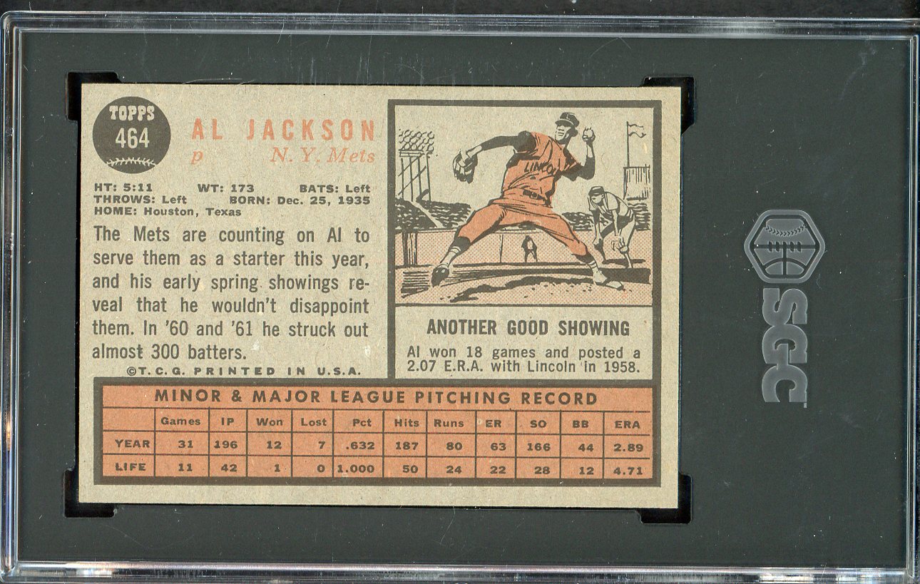 1962 Topps Baseball #464 Al Jackson Mets SGC 7 NM 561607