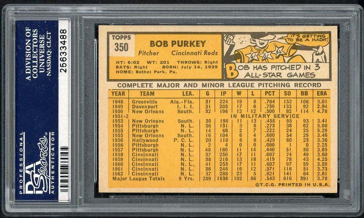 1963 Topps Baseball #350 Bob Purkey Reds PSA 7 NM 561643