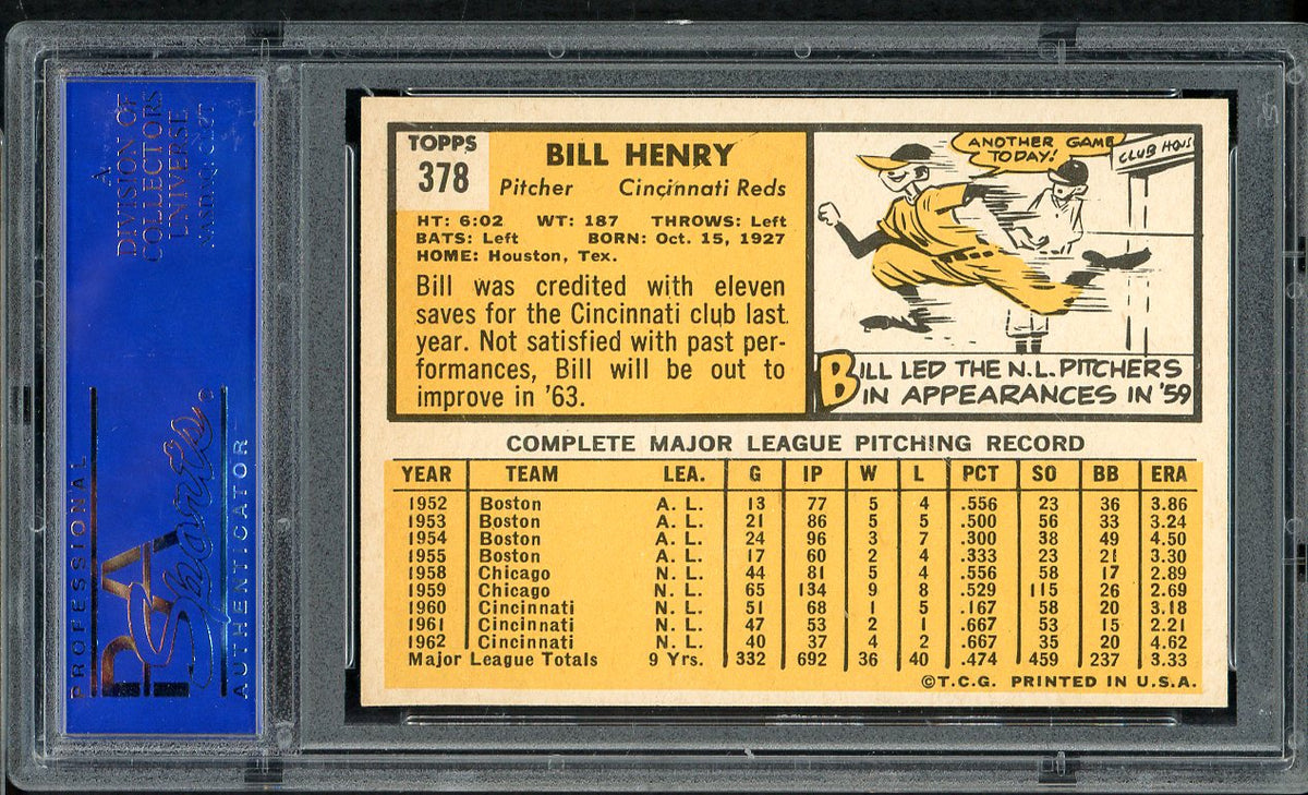 1963 Topps Baseball #378 Bill Henry Reds PSA 8 NM/MT 561654
