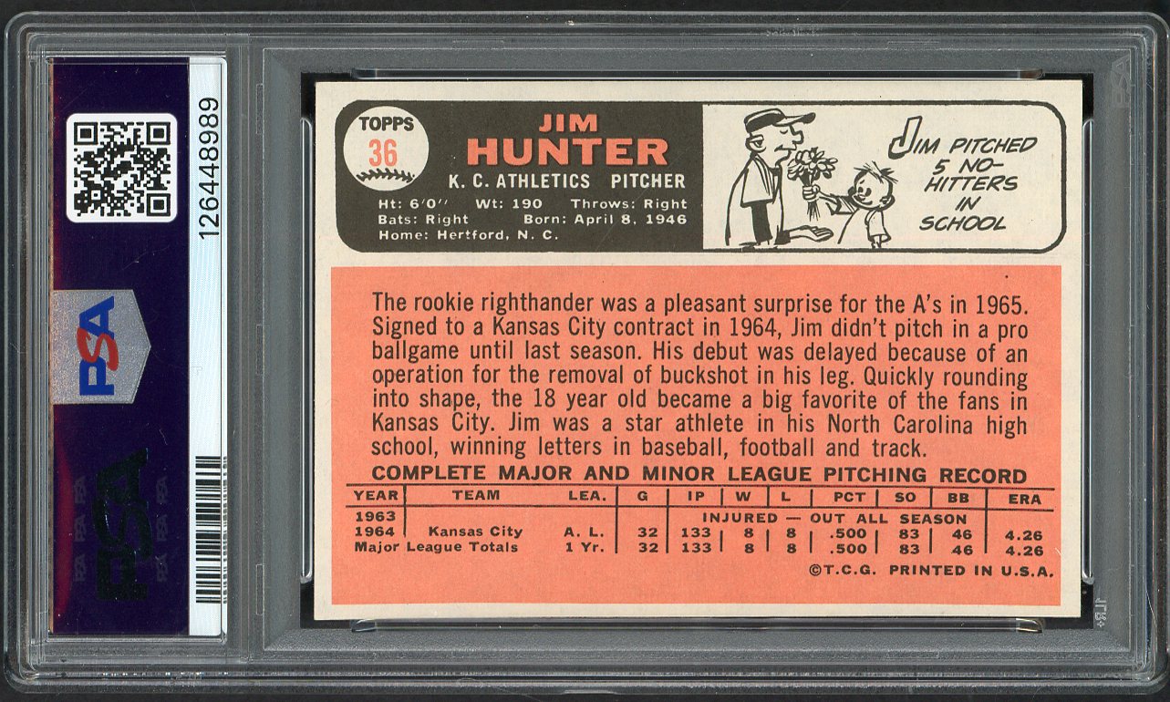 1966 Topps Baseball #036 Catfish Hunter A's PSA 7 NM 561656