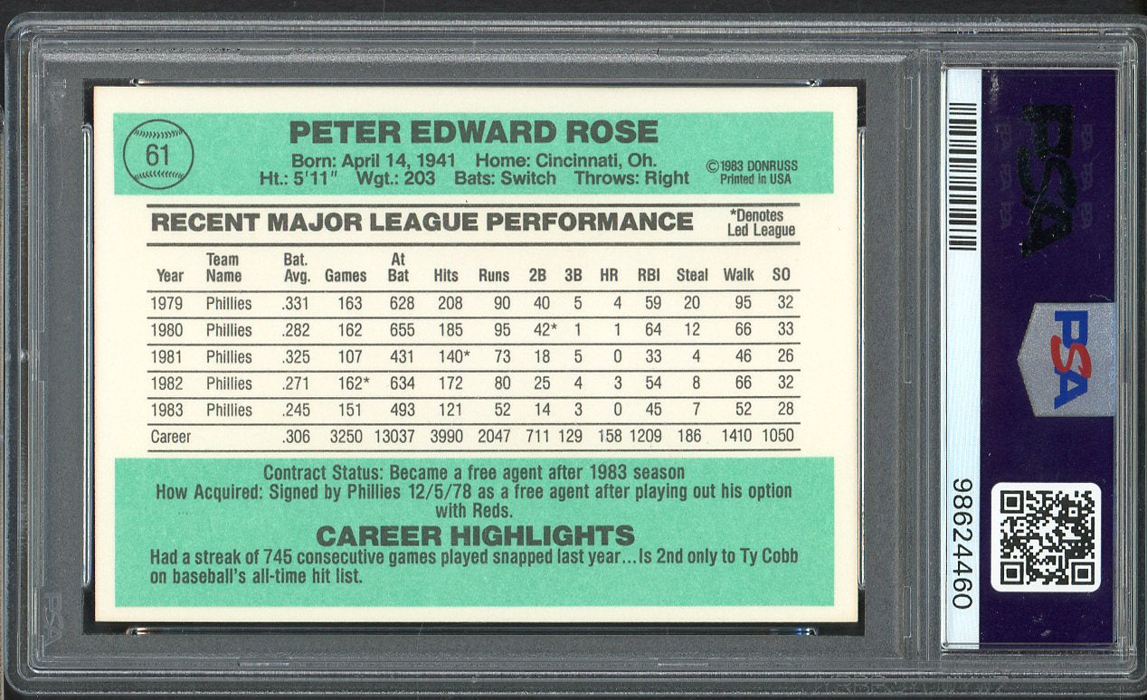 1984 Donruss #061 Pete Rose Phillies PSA 10 GEM MINT 561657