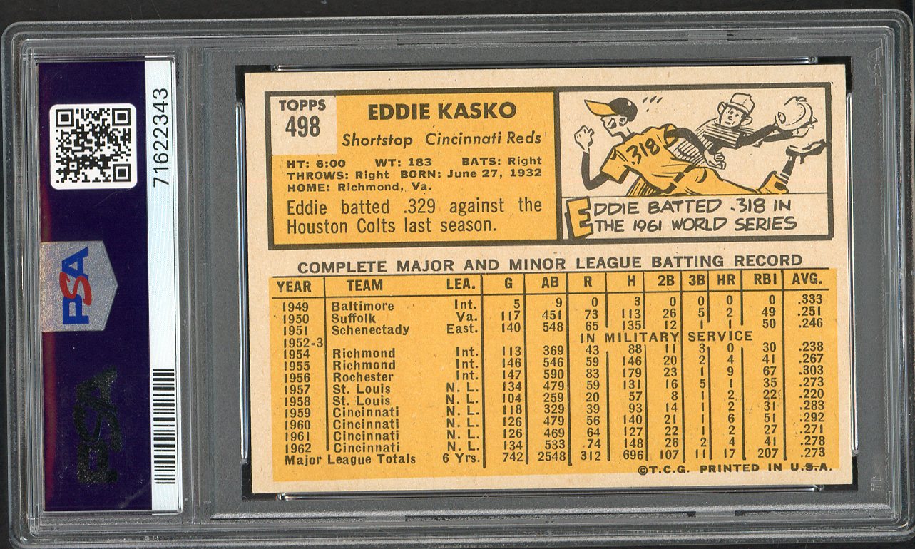 1963 Topps Baseball #498 Eddie Kasko Reds PSA 7 NM 561668