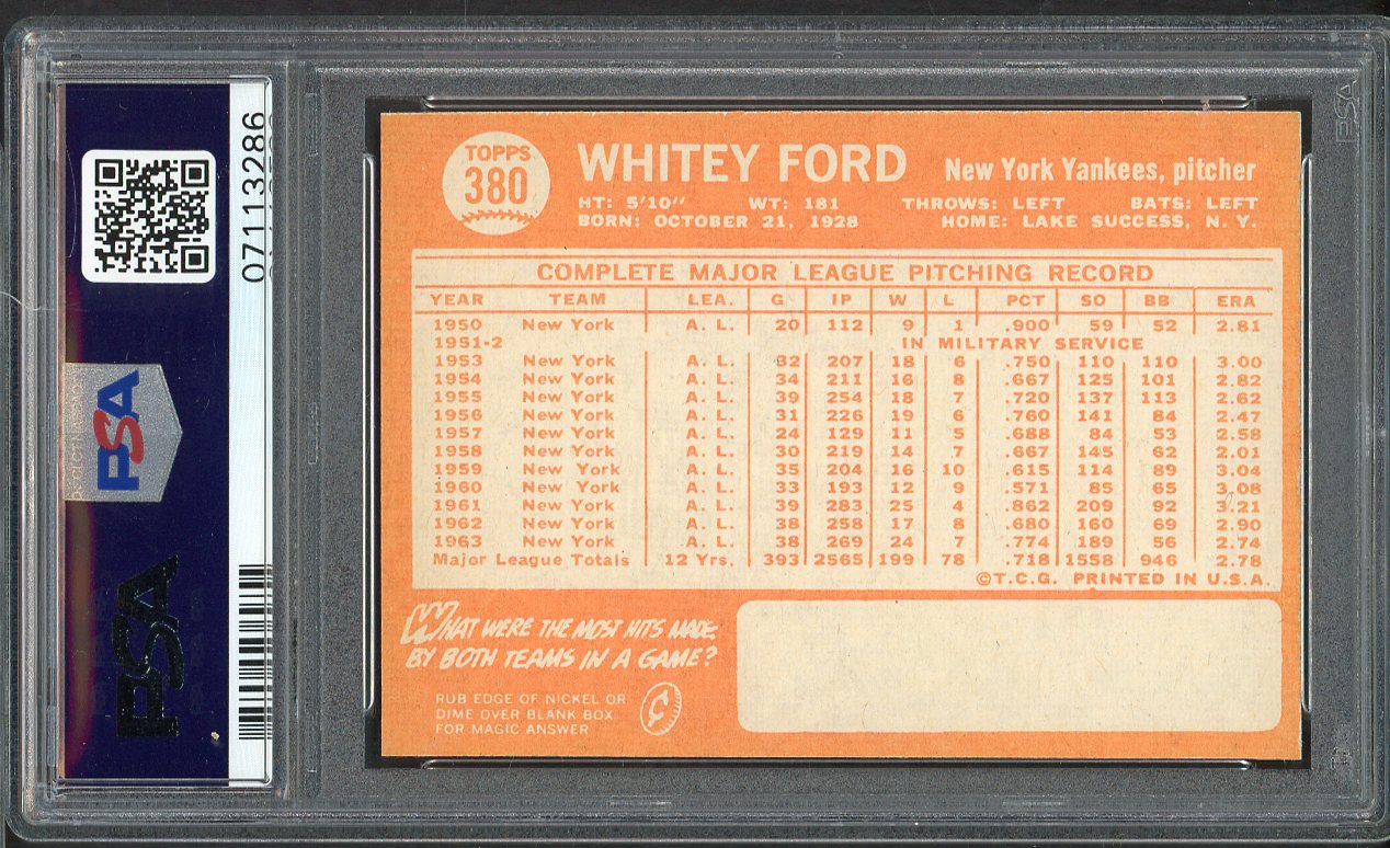 1964 Topps Baseball #380 Whitey Ford Yankees PSA 9 MINT 561673