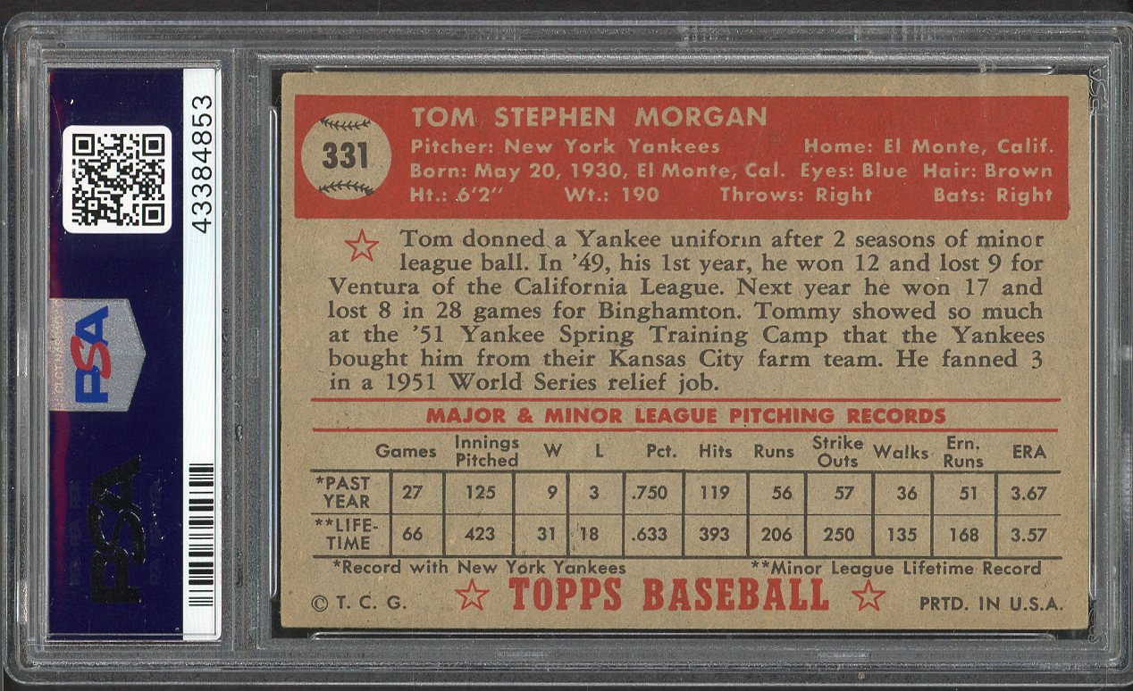 1952 Topps Baseball #331 Tom Morgan Yankees PSA 4 VG-EX 561677