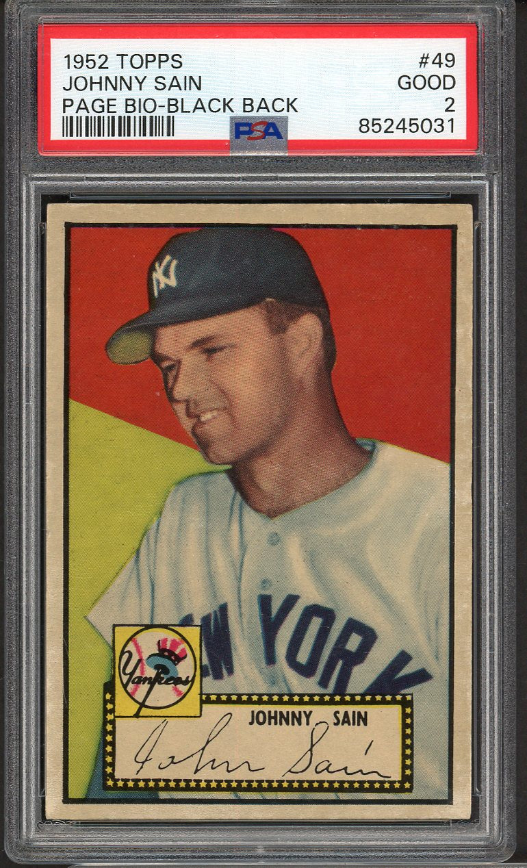 1952 Topps Baseball #049 Johnny Sain Yankees PSA 2 GD Black Page Bio 561678