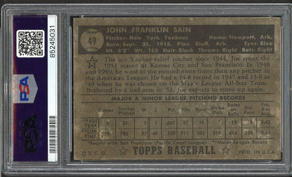 1952 Topps Baseball #049 Johnny Sain Yankees PSA 2 GD Black Page Bio 561678