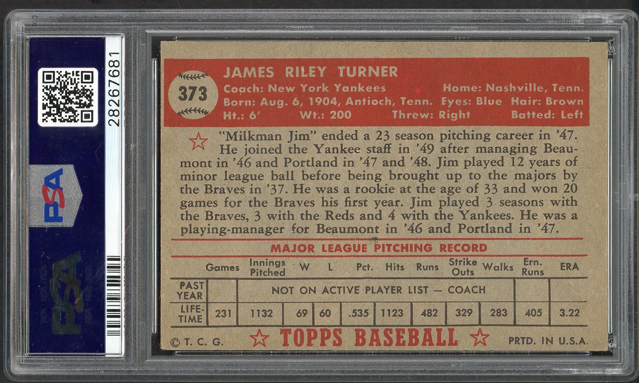 1952 Topps Baseball #373 Jim Turner Yankees PSA 4 VG-EX 561679