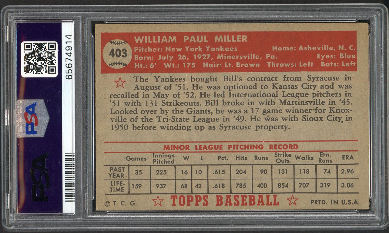 1952 Topps Baseball #403 Bill Miller Yankees PSA 4 VG-EX 561680