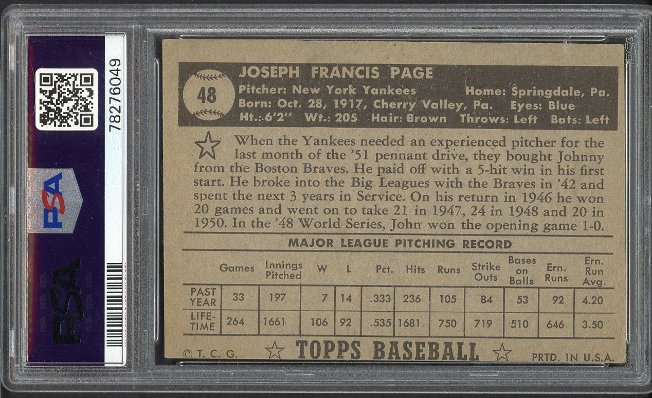 1952 Topps Baseball #048 Joe Page Yankees PSA 4 VG-EX Black Sain Bio 561681